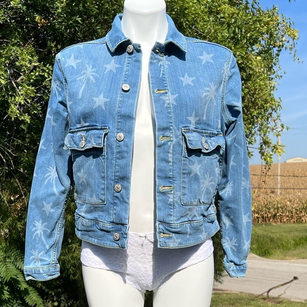 LulaRoe Denim Trucker Style Print Jean Jacket Size Small